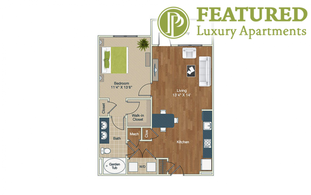 A2 - 1 bedroom floorplan layout with 1 bath and 844 square feet.