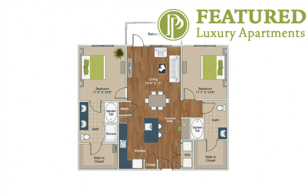 B1-HC - 2 bedroom floorplan layout with 2 baths and 1226 square feet.
