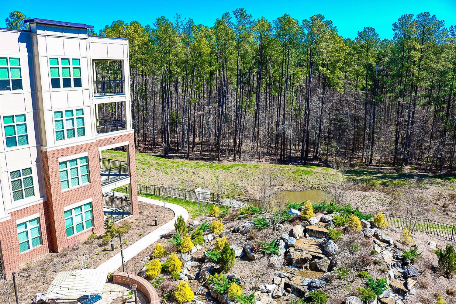 Apartments at Palladian Place in Durham, NC building exterior with a dense forest of mature trees in the background