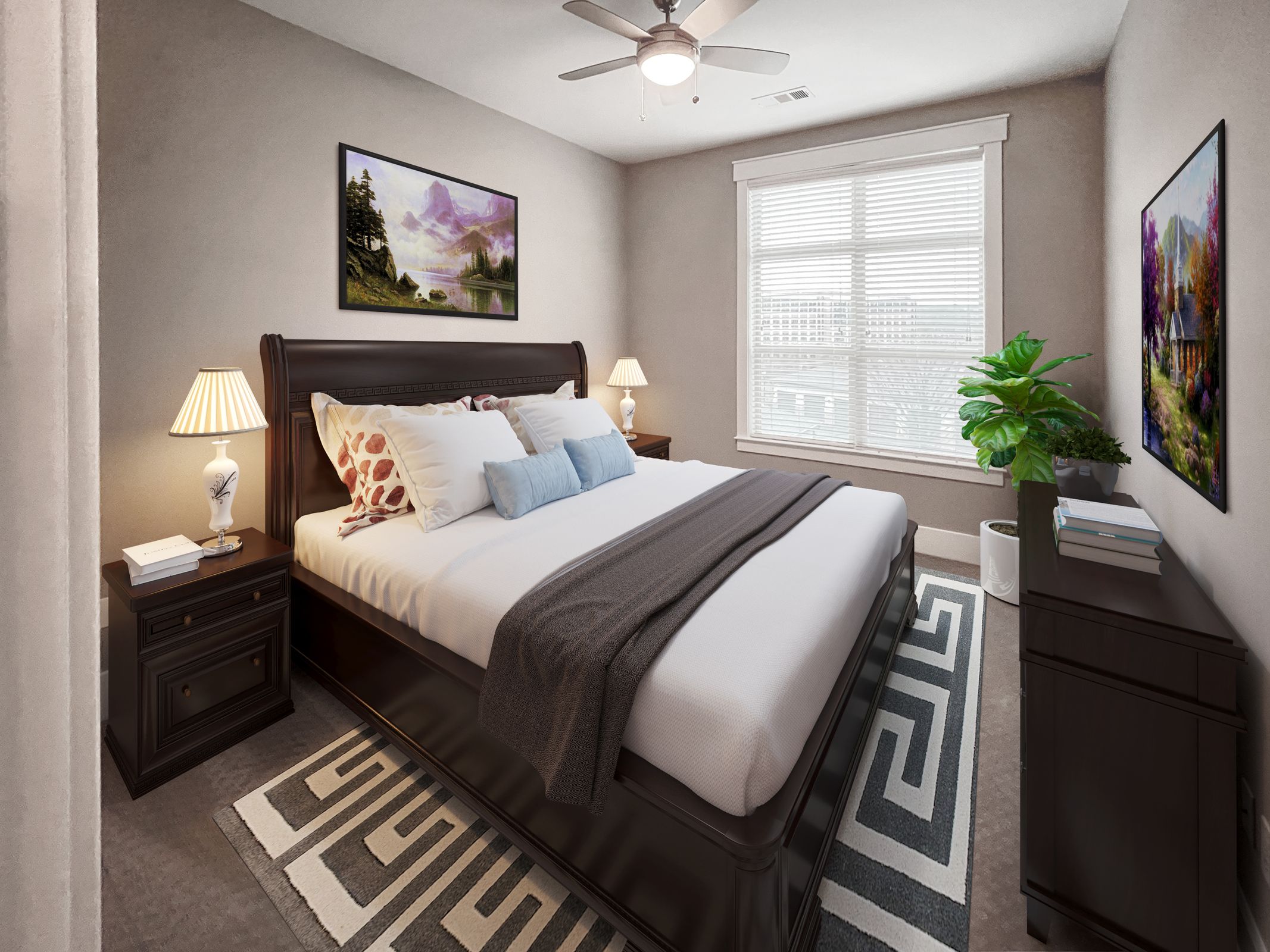 Apartments at Palladian Place in Durham, NC apartment interior bedroom with large bed, a rug, dresser, side table and lamp, and large windows