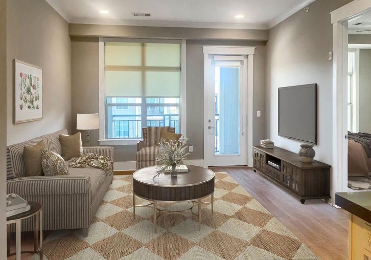 Apartments at Palladian Place building exterior and sparkling pool